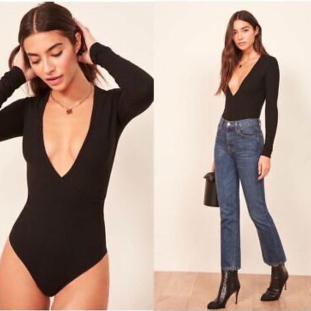 Reformation Black Becky Ribbed Plunge V Neck Long Sleeve Bodysuit Sz Large